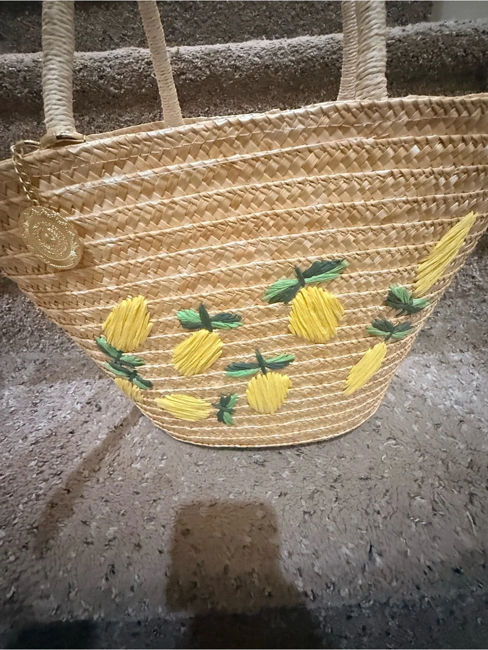 Handwoven Straw Tote with Yellow Lemon Embroidery